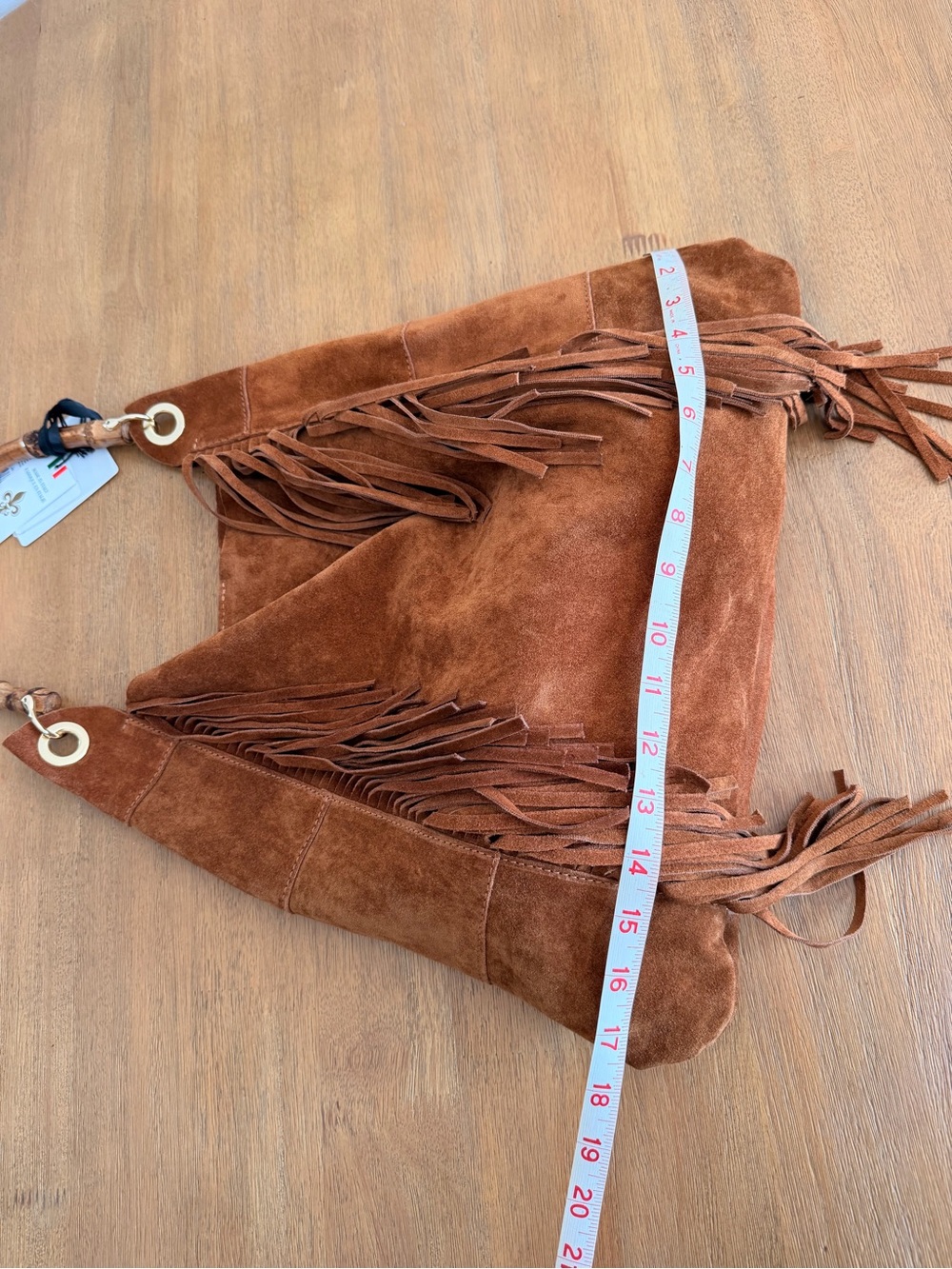 MARLON Made In Italy Fringed Suede Hobo Bag with Bamboo Handle - Picture 8 of 11